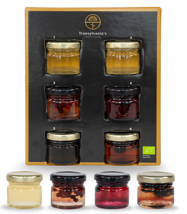 Transylvania's Finest Foods Geschenkbox mit verschiedenen Honigsortimenten mit Trockenfrüchten 33g/Stk